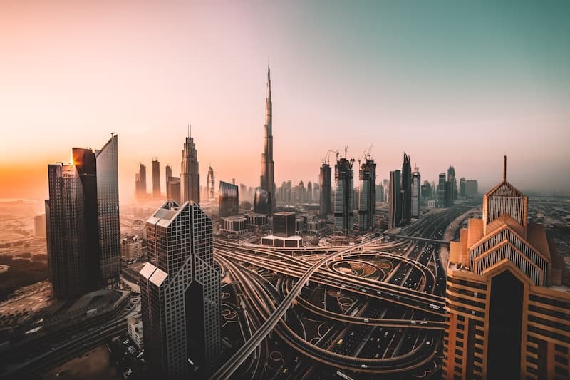 The Dubai skyline at dusk